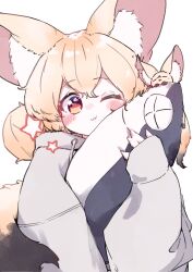 Rule 34 | 1girl, :3, animal, animal ear fluff, animal ears, animal hug, blonde hair, blush, closed mouth, commentary request, creature and personification, double bun, drawstring, fennec fox, fish, fox ears, fox girl, fox tail, grey hoodie, hair between eyes, hair bun, highres, hood, hood down, hoodie, long sleeves, looking at viewer, megateru, one eye closed, original, puffy long sleeves, puffy sleeves, red eyes, simple background, sleeves past wrists, solo, tail, upper body, white background, x x
