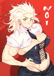 Rule 34 | 1girl, abs, breasts, buta (machineswine), dorohedoro, earrings, gloves, highres, jewelry, long hair, looking at viewer, muscular, muscular female, noi (dorohedoro), simple background, smile, white hair