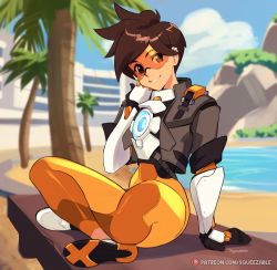 Rule 34 | 1girl, arm support, beach, bodysuit, bomber jacket, breasts, brown eyes, brown hair, chest harness, commentary, english commentary, full body, goggles, harness, indian style, jacket, looking at viewer, medium breasts, orange bodysuit, orange goggles, outdoors, overwatch, palm tree, short hair, sitting, smile, solo, spiked hair, squeezable (squeezabledraws), tracer (overwatch), tree