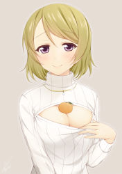 Rule 34 | 10s, 1girl, blonde hair, blush, breasts, cleavage, cleavage cutout, clothing cutout, food, fruit, koizumi hanayo, large breasts, looking at viewer, love live!, love live! school idol project, mandarin orange, meme attire, object on breast, open-chest sweater, oppai mochi, purple eyes, ribbed sweater, short hair, simple background, smile, solo, suzume miku, sweater, turtleneck