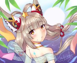 Rule 34 | 1girl, alternate hairstyle, animal ears, backless outfit, bare shoulders, blunt bangs, blush, facial mark, leaf, looking at viewer, looking back, low twintails, nia (blade) (xenoblade), nia (xenoblade), nintendo, niyah, runeko, silver hair, solo, spoilers, twintails, upper body, xenoblade chronicles (series), xenoblade chronicles 2, yellow eyes