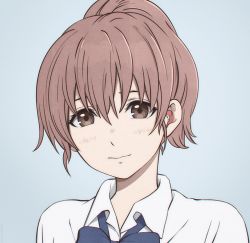 Rule 34 | 1girl, blue background, blue bow, blue bowtie, blush, bow, bowtie, brown eyes, brown hair, closed mouth, collared shirt, deaf, disability, earbuds, earphones, grey background, hair between eyes, head tilt, hearing aid, koe no katachi, light blush, light smile, looking at viewer, miura-n315, nishimiya shouko, ponytail, portrait, school uniform, shirt, short hair, simple background, smile, solo, upper body, white shirt, wing collar
