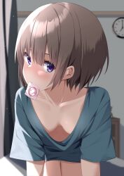 Rule 34 | 1girl, absurdres, all fours, bedroom, blush, breasts, brown hair, cleavage, clock, condom, condom in mouth, downblouse, grey shirt, hair between eyes, highres, indoors, kiona (giraffe kiona), looking at viewer, mouth hold, naked shirt, original, purple eyes, shirt, short hair, short sleeves, small breasts, solo, straight hair, thigh gap
