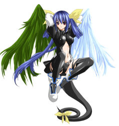 Rule 34 | 1girl, arc system works, artist request, asymmetrical wings, blue hair, boots, bow, dizzy (guilty gear), guilty gear, hair bow, long hair, midriff, navel, red eyes, ribbon, solo, tail, tail ornament, tail ribbon, thighhighs, twintails, very long hair, wings