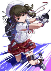 Rule 34 | 1girl, absurdres, alternate costume, artist logo, brown eyes, depth charge, full body, gegeron, gloves, hat, highres, kantai collection, kurahashi (kancolle), looking at viewer, low twintails, machinery, pleated skirt, rigging, sailor collar, sailor hat, school uniform, skirt, smile, solo, turret, twintails, white gloves