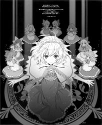 Rule 34 | 1girl, absurdres, alice margatroid, an2a, apron, bow, capelet, crescent, doll, female focus, greyscale, hair bow, hairband, highres, long hair, long sleeves, monochrome, open mouth, outstretched arms, sash, short hair, smile, touhou