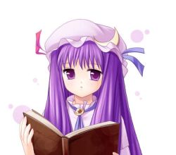 Rule 34 | 1girl, book, crescent, female focus, hat, long hair, maroppe, patchouli knowledge, purple eyes, purple hair, solo, touhou