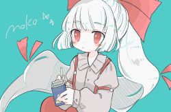 Rule 34 | 1girl, artist name, beige shirt, blue background, blunt bangs, blush, bow, buttons, character name, cigarette, cigarette pack, collared shirt, fujiwara no mokou, hair bow, highres, holding, holding cigarette, long hair, long sleeves, m (m073111), one-hour drawing challenge, ponytail, red bow, red eyes, shirt, sleeve garter, solo, suspenders, touhou, twitter username, white hair