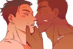 Rule 34 | 2boys, adam&#039;s apple, balnom, bandaid, bandaid on cheek, bandaid on face, bara, blush stickers, dark-skinned male, dark skin, face-to-face, from side, grabbing another&#039;s chin, gukhyeon (balnom), hand on another&#039;s chin, imminent kiss, jiseung (balnom), male focus, mature male, multiple boys, nude, original, portrait, short hair, thick eyebrows, undercut, yaoi