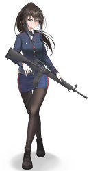 Rule 34 | 1girl, assault rifle, black footwear, black pantyhose, blue jacket, blue skirt, blush, boots, breasts, brown eyes, brown hair, closed mouth, commentary, eien (x0b3o6x7), full body, gloves, gun, holding, holding gun, holding weapon, jacket, long hair, long sleeves, looking at viewer, m16, m16a2, medium breasts, multicolored hair, original, pantyhose, ponytail, rifle, skirt, solo, standing, streaked hair, uniform, weapon, white background, white gloves