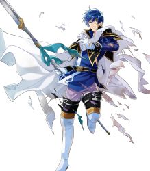 Rule 34 | 1boy, belt, blue eyes, blue hair, boots, cape, finn (fire emblem), fire emblem, fire emblem: genealogy of the holy war, fire emblem: thracia 776, full body, gloves, highres, injury, itagaki hako, male focus, nintendo, official art, polearm, solo, spear, teeth, torn clothes, transparent background, weapon