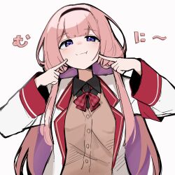 Rule 34 | 1girl, armband, black hairband, black shirt, blunt bangs, blush, bow, bowtie, brown cardigan, cardigan, collared shirt, fingers to cheeks, hairband, hands up, highres, jacket, long hair, long sleeves, looking at viewer, nijisanji, open clothes, open jacket, pink hair, plaid, plaid bow, plaid bowtie, pout, purple eyes, quraqura nemii, school uniform, selene girls school uniform, shirt, simple background, solo, suo sango, suo sango (1st costume), translation request, upper body, very long hair, virtual youtuber, white background, white jacket