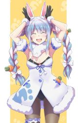 Rule 34 | 1girl, ^ ^, animal ear fluff, animal ears, armpits, arms up, black gloves, black pantyhose, blue hair, bow, breasts, bridal garter, brown pantyhose, carrot, carrot print, cleavage, closed eyes, cowboy shot, don-chan (usada pekora), drawstring, dress, food in pocket, food on hair, food print, fur-trimmed dress, fur-trimmed gloves, fur trim, gabuillust, gloves, hair bow, highres, hololive, laughing, legwear garter, leotard, long hair, multicolored hair, open mouth, pantyhose, pom pom (clothes), rabbit ears, rabbit girl, rabbit pose, sidelocks, single legwear garter, small breasts, solo, twintails, two-tone hair, usada pekora, usada pekora (1st costume), very long hair, virtual youtuber, white bow, white dress, yellow background