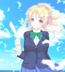 Rule 34 | 10s, 1girl, ayase eli, blazer, blonde hair, blue eyes, breasts, crying, crying with eyes open, feathers, frapowa, jacket, large breasts, love live!, love live! school idol project, school uniform, skirt, smile, solo, tears