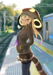 Rule 34 | 1girl, :&lt;, backlighting, black pantyhose, blonde hair, blurry, blurry background, breast pocket, brown jacket, closed mouth, collared jacket, collared shirt, day, detached hood, drawstring, eyelashes, feet out of frame, fisheye, from side, hair between eyes, hand in pocket, high collar, highres, hood, hood up, jacket, kashisu mint, kemono friends, king cobra (kemono friends), long hair, long sleeves, looking at viewer, miniskirt, multicolored eyes, multicolored hair, necktie, orange eyes, outdoors, pantyhose, photo background, pink hair, pleated skirt, pocket, shirt, sidelocks, skirt, snake tail, solo, standing, tail, tan, train, train station, two-tone hair, wing collar, yellow eyes