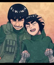 Rule 34 | 2boys, bandages, black hair, eyebrows, closed eyes, green jacket, hand on another&#039;s head, happy, jacket, kamosuke, male focus, might guy, multiple boys, naruto, naruto (series), open mouth, rock lee, short hair, smile, teeth