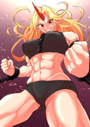 Rule 34 | 1girl, abs, absurdres, alternate costume, bike shorts, black shorts, black sports bra, blonde hair, breasts, chain, clenched hand, commentary request, cowboy shot, cuffs, earrings, fugaku (miko no miyatsuguchi), grin, highres, horns, hoshiguma yuugi, jewelry, large breasts, long hair, looking at viewer, looking down, muscular, muscular female, navel, pointy ears, red eyes, shorts, single horn, smile, solo, sports bra, touhou