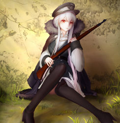 Rule 34 | 1girl, absurdres, black cloak, black dress, black footwear, black hat, black jacket, black thighhighs, bolt action, boots, cloak, closed mouth, collared shirt, commentary request, crack, cracked wall, cross, dress, food, fur-trimmed cloak, fur-trimmed jacket, fur trim, girls&#039; frontline, grass, gun, hair between eyes, hat, head tilt, highres, holding, holding food, iron cross, jacket, jacket on shoulders, kar98k (girls&#039; frontline), long hair, long sleeves, looking at viewer, mauser 98, military hat, name connection, object namesake, on grass, peaked cap, pleated dress, red eyes, rifle, shirt, silver hair, sitting, sleeves past wrists, solo, thigh boots, thighhighs, v-shaped eyebrows, very long hair, weapon, white jacket, white shirt, wide sleeves, xxiner