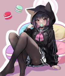 Rule 34 | 1girl, absurdres, animal ears, black hair, black pantyhose, blue archive, cat ears, colored inner hair, food, halo, highres, hood, hood up, hooded jacket, jacket, kazusa (blue archive), macaron, mouth hold, multicolored hair, no shoes, pantyhose, pink hair, pink sailor collar, pleated skirt, red eyes, saibashi (develop komono), sailor collar, sitting, skirt