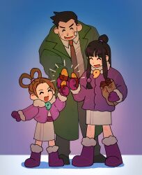 Rule 34 | 1boy, 2girls, :d, ace attorney, bandaid, bandaid on face, black hair, blunt bangs, blush, boots, brown hair, closed eyes, coat, dick gumshoe, facial hair, food, formal, fur trim, hair ornament, half updo, happy, highres, holding, holding food, jacket, japanese clothes, kimono, long hair, long sleeves, magatama, mature male, maya fey, mittens, multiple girls, necktie, open mouth, parted bangs, pearl fey, roasted sweet potato, shirt, shooong, short hair, short kimono, sidelocks, smile, standing, stubble, suit, sweet potato, white kimono, winter clothes