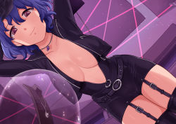 Rule 34 | 1girl, absurdres, arms up, belt, belt buckle, black gloves, black jumpsuit, black thighhighs, blue hair, breast pocket, breasts, brown eyes, buckle, ceiling, cleavage, collarbone, cropped jacket, from below, garter straps, gloves, hair between eyes, hanamasa ono, highres, idolmaster, idolmaster million live!, idolmaster million live! theater days, indoors, jacket, jewelry, jumpsuit, laser, light particles, long sleeves, looking at viewer, medium breasts, necklace, night, no bra, open clothes, open jacket, pocket, robe, short hair, smile, solo, theft, thighhighs, toyokawa fuka, unzipped, window