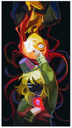 Rule 34 | 2girls, black background, blonde hair, border, card, character request, closed mouth, commentary, english commentary, holding, holding card, kimi ga shine, long hair, long sleeves, multiple boys, multiple girls, mutie (timestables), one eye covered, red hair, skull, smile, upside-down, white border
