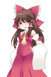 Rule 34 | &gt;:d, 1girl, :d, ascot, bare shoulders, bow, brown hair, detached sleeves, hair bow, hair tubes, hakurei reimu, hammer (sunset beach), hands on own hips, looking at viewer, open mouth, skirt, skirt set, smile, sneer, solo, touhou, v-shaped eyebrows, wide sleeves