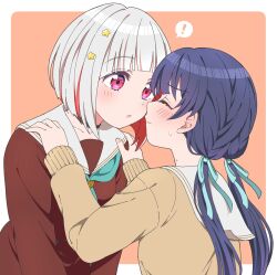 Rule 34 | !, 2girls, black choker, blue hair, blush, bob cut, border, brown cardigan, brown dress, cardigan, choker, closed eyes, closed mouth, collarbone, colored inner hair, commentary, dollchestra, dress, facing another, green neckerchief, hair ornament, hands on another&#039;s shoulders, hasu no sora school uniform, highres, imminent kiss, jenny (artist), link! like! love live!, long hair, long sleeves, looking at another, love live!, multicolored hair, multiple girls, murano sayaka, neckerchief, orange background, outside border, parted lips, pink hair, red hair, sailor collar, school uniform, short hair, sidelocks, spoken exclamation mark, star (symbol), star hair ornament, streaked hair, twintails, upper body, white border, white sailor collar, winter uniform, yugiri tsuzuri, yuri