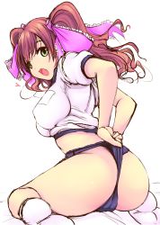 Rule 34 | 1girl, asahina yurina, ass, breasts, brown hair, buruma, cameltoe, cleft of venus, covered erect nipples, female focus, from behind, green eyes, gym uniform, hair ornament, hair ribbon, katori (mocchidou), large breasts, long hair, looking back, open mouth, ribbon, simple background, sitting, socks, solo, super real mahjong, twintails, uniform, wariza, wedgie, white background, white socks