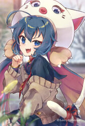 Rule 34 | 1girl, ahoge, animal hat, bell, between legs, black sailor collar, black serafuku, blue eyes, blue hair, blue skirt, blurry, blurry background, blush, brown jacket, cat hat, cat tail, clenched hand, collar, colored inner hair, fang, frilled skirt, frills, gradient hair, hair between eyes, hand between legs, hand up, haru1suama, hat, highres, jacket, jacket partially removed, large hat, layered sleeves, long hair, long sleeves, looking at viewer, low twintails, multicolored hair, neck bell, necktie, open mouth, orange hair, otomachi una, outdoors, paw hat ornament, red collar, red hair, red necktie, red ribbon, red trim, ribbon, sailor collar, school uniform, serafuku, sitting, skin fang, skirt, smile, solo, tail, tail ornament, tail ribbon, tail under clothes, twintails, uneven eyes, v-shaped eyebrows, very long hair, vocaloid, white hat, white tail