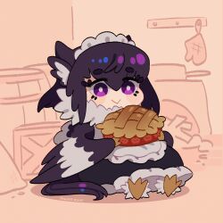 Rule 34 | 1girl, :&gt;, animated, animated gif, apron, artist name, barrel, bird legs, black feathers, black hair, black wings, blush, commentary, crate, drooling, english commentary, feathered wings, feathers, food, hair between eyes, harpy, holding, holding food, kitchen, long hair, maid, maid apron, maid headdress, medium hair, monster girl, original, oven, pie, powderrune, purple eyes, solo, two-tone wings, very long hair, white feathers, white wings, winged arms, wings