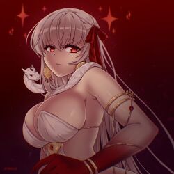 Rule 34 | 1girl, bracelet, breasts, colored skin, durga (fate), earrings, fate/grand order, fate (series), highres, jewelry, large breasts, long hair, red background, red eyes, red ribbon, red skin, ribbon, snake, symoca, white hair
