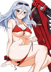 Rule 34 | 10s, 1girl, alisa ilinichina amiella, bar censor, bare shoulders, bikini, blue eyes, blush, breasts, censored, cleavage, glasses, god eater, god eater burst, huge weapon, large breasts, lithiumia, long hair, looking at viewer, open mouth, panties, pussy juice, silver hair, simple background, smile, solo, sweat, swimsuit, sword, underwear, weapon, white background
