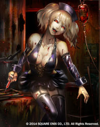 Rule 34 | 1girl, bad id, bad pixiv id, bare shoulders, black dress, black lips, black sclera, bleeding, blonde hair, blood, blood on face, blood splatter, breasts, cleavage, colored sclera, colored skin, cross-laced clothes, deadman&#039;s cross, deep wound, detached sleeves, dress, evil smile, garter straps, halterneck, hat, injury, intravenous drip, isaroishin, lipstick, looking at viewer, makeup, medium breasts, nurse (deadman&#039;s cross), nurse cap, official art, open mouth, red eyes, short dress, smile, syringe, thighhighs, twintails, white skin, wrist cuffs, zombie
