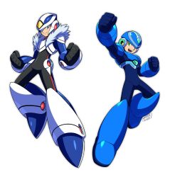 Rule 34 | 2boys, android, armor, black bodysuit, blue armor, blue bodysuit, blue eyes, blue footwear, blue helmet, bodysuit, boots, clenched hands, forehead jewel, fur trim, green eyes, highres, mega man (pachislot rockman ability), multiple boys, over-1 (mega man), pachislot rockman ability, rockman xover, simple background, tomycase, white armor, white background, white footwear, white helmet