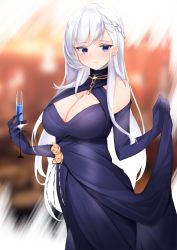Rule 34 | 1girl, azur lane, bare shoulders, belfast (azur lane), belfast (the noble attendant) (azur lane), blue dress, blue eyes, blue gloves, blush, braid, breasts, chain, champagne flute, cleavage, closed mouth, cup, dress, drinking glass, elbow gloves, french braid, gloves, halter dress, halterneck, highres, large breasts, long hair, looking at viewer, nephthys2356, swept bangs, white hair