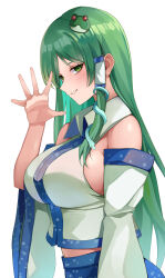 Rule 34 | 1girl, absurdres, bare shoulders, blue skirt, breasts, detached sleeves, frog hair ornament, green eyes, green hair, hair ornament, highres, kochiya sanae, koizumo, large breasts, midriff, navel, nontraditional miko, shirt, skirt, sleeveless, sleeveless shirt, smile, snake hair ornament, solo, touhou, upper body, white background