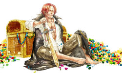 Rule 34 | 1boy, barefoot, closed eyes, gem, gold, jacket, jacket on shoulders, jewelry, male focus, muscular, necklace, one piece, open collar, pirate, red hair, scar, shanks (one piece), shirt, sitting, smile, solo, sword, treasure, treasure chest, weapon, white background, white shirt