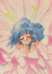 Rule 34 | 1980s (style), 1girl, absurdres, bare shoulders, blue hair, breasts, cleavage, earrings, closed eyes, from above, hair ribbon, highres, inomata mutsumi, jewelry, long hair, looking up, medium breasts, oldschool, original, petals, retro artstyle, ribbon, signature, smile, solo, wavy hair