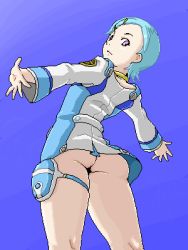 Rule 34 | 00s, 1girl, aqua hair, ass, blue background, blue hair, eureka (eureka seven), eureka seven, eureka seven (series), from below, isu, jewelry, looking back, lowres, neck ring, no panties, oekaki, short hair, simple background, solo, thigh strap, upskirt