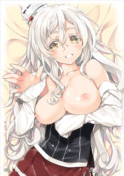 Rule 34 | 10s, 1girl, bare shoulders, bed sheet, blush, breasts, bustier, hat, inuzumi masaki, kantai collection, large breasts, long hair, looking at viewer, nipples, pola (kancolle), red skirt, skirt, solo, white hair, yellow eyes