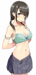 Rule 34 | 1girl, armpits, arms behind back, bare shoulders, black hair, blue bow, blunt bangs, blush, bow, bow bra, bra, breasts, brown eyes, cleavage, closed mouth, collarbone, copyright request, cowboy shot, dressing, eyebrows, green bra, hair ribbon, lips, looking at viewer, low twintails, medium breasts, midriff, navel, off shoulder, open clothes, open skirt, pleated skirt, ribbon, short twintails, sidelocks, simple background, skirt, solo, standing, stomach, strap slip, sukebewe, tareme, twintails, underwear, unzipped, upper body, wavy mouth, white background