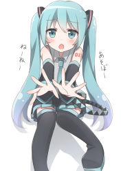 Rule 34 | 1girl, absurdres, aqua eyes, aqua hair, bad id, bad pixiv id, blush, boots, detached sleeves, hatsune miku, highres, kohaku (csacu), long hair, looking at viewer, necktie, open mouth, outstretched arms, sitting, skirt, solo, thigh boots, thighhighs, twintails, very long hair, vocaloid, white background