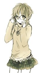 Rule 34 | 1girl, adjusting eyewear, alternate hairstyle, anzu (o6v6o), braid, casual, cowboy shot, glasses, gumi, hair up, jewelry, lace, lace-trimmed shirt, lace trim, long sleeves, looking at viewer, miniskirt, monochrome, pendant, sepia, shirt, short hair with long locks, simple background, skirt, solo, vocaloid, white background