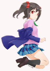 Rule 34 | 10s, 1girl, 2014, black hair, black socks, blazer, bow, dated, from side, full body, hair bow, jacket, jacket off shoulders, looking at viewer, love live!, love live! school idol project, nagian, off shoulder, red eyes, school uniform, short hair, signature, skirt, socks, solo, sweater, twintails, yazawa nico