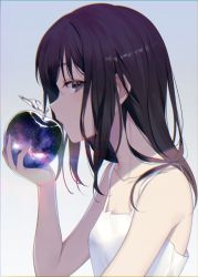 Rule 34 | 1girl, achiki, apple, black eyes, black hair, chromatic aberration, double exposure, food, from side, fruit, gradient background, long hair, looking to the side, original, profile, shadow, sky, solo, star (sky), starry sky, tank top
