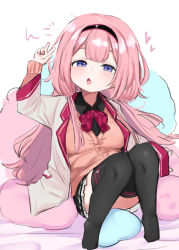 Rule 34 | 1girl, absurdres, black hairband, black shirt, black thighhighs, blush, bow, bowtie, brown cardigan, cardigan, coat, collared shirt, hairband, hand up, highres, lab coat, legs together, long hair, looking at viewer, nijisanji, open clothes, open coat, open mouth, pillow, pink hair, purple eyes, red bow, red bowtie, shirt, simple background, solo, suo sango, suo sango (1st costume), thighhighs, utsusumi kio, virtual youtuber, w, wing collar
