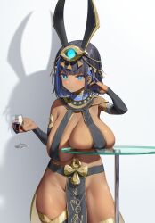 Rule 34 | 1girl, absurdres, alcohol, animal ears, black hair, black nails, black sleeves, blue eyes, blue hair, blunt bangs, bob cut, breast rest, breasts, closed mouth, covered erect nipples, cowboy shot, cup, dark-skinned female, dark skin, detached sleeves, drinking glass, earrings, egyptian, egyptian mythology, glass table, hair ornament, hand up, highres, holding, holding cup, hoop earrings, huge breasts, jackal ears, jewelry, looking at viewer, manda (luts7602), multicolored hair, nail polish, pelvic curtain, revealing clothes, sagging breasts, set (mythology), short hair, solo, standing, table, two-tone hair, wine glass