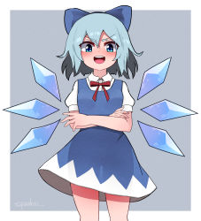 Rule 34 | 1girl, artist name, blue bow, blue dress, blue eyes, blue hair, blush, border, bow, cirno, collared shirt, crossed arms, detached wings, dress, fairy, feet out of frame, hair between eyes, hair bow, highres, ice, ice wings, open mouth, puffy short sleeves, puffy sleeves, round teeth, shirt, short hair, short sleeves, signature, smile, solo, teeth, topadori, touhou, upper teeth only, white border, white shirt, wings