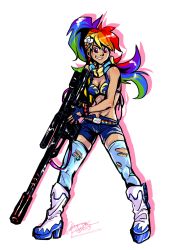 Rule 34 | 1girl, anti-materiel rifle, bikini, bikini top only, boots, breasts, cleavage, cosplay, cowboy boots, fingerless gloves, full body, gloves, grin, gun, hair ornament, highres, huge weapon, long hair, medium breasts, midriff, multicolored hair, my little pony, my little pony: friendship is magic, personification, ponytail, purple eyes, rainbow dash, rainbow hair, rifle, scarf, shorts, smile, sniper rifle, solo, sparklenaut, swimsuit, tengen toppa gurren lagann, thighhighs, torn clothes, torn thighhighs, transparent background, weapon, yoko littner, yoko littner (cosplay)
